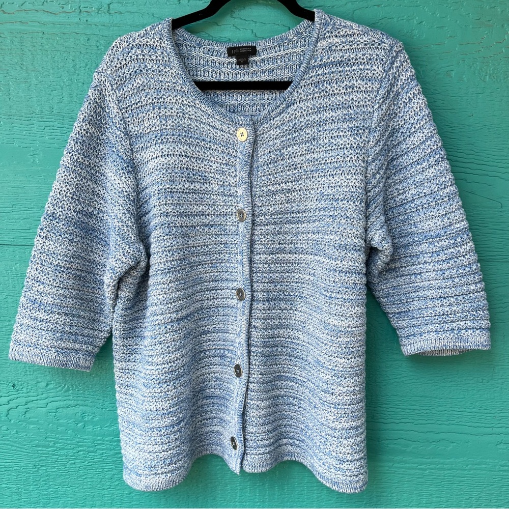 J.Jill Cotton Knit Cardigan Collarless Blue White 3/4 SLEEVES SIZE XL - Picture 9 of 9